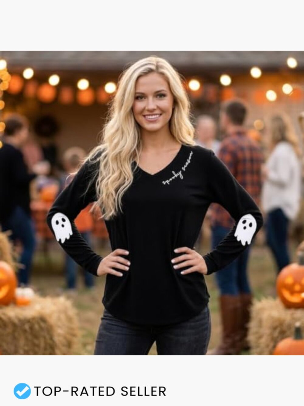 Womens Halloween Ghost Graphic V Neck Long Sleeve Shirt Fall Thanksgiving Tee - Picture 3 of 7
